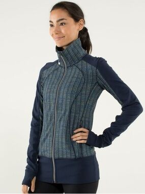 LULULEMON Nice Asana Jacket Navy Blue Green Zip-Front Like Define Size 10
